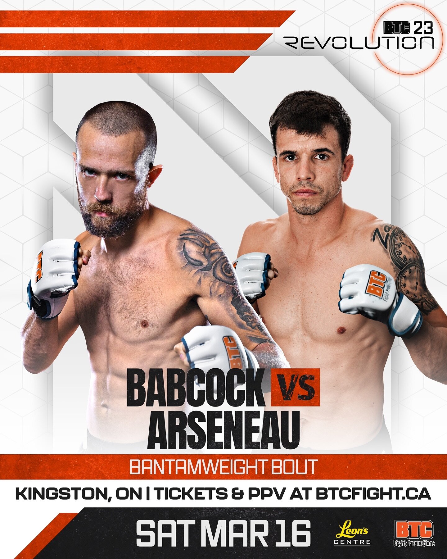 Andrew Babcock vs Patrick Arseneau ⚔️ Coming off a 1st round submission in his pro debut at BTC 20 Belleville&rsquo;s @BabJitsu returns to take on an experienced kickboxer in Gatineau&rsquo;s @Relentless_Pat_Arseneau at #BTC23 #Kingston #LeonsCentre