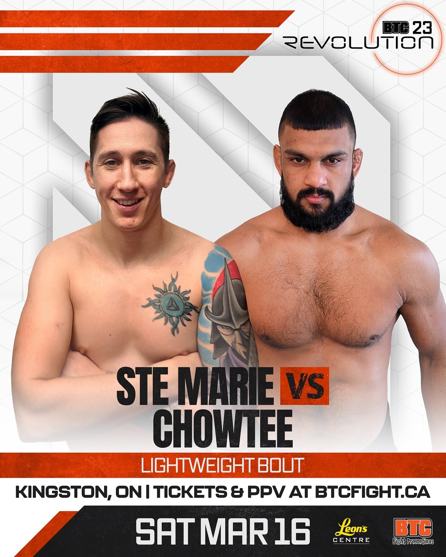 PJ Ste Marie vs Avinash Chowtee ⚔️ Kingston&rsquo;s own @PJSteMarie returns to the BTC Fight cage in his hometown to take on heavy hitter @AvinashChowtee from Toronto&rsquo;s @EvolucaoThai #BTC23 #Kingston #LeonsCentre