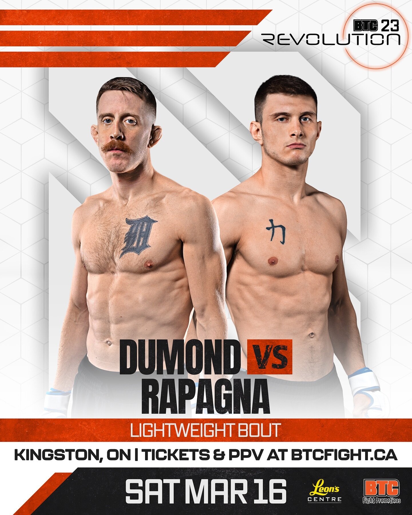 Jarred Dumond vs Davis Rapagna ⚔️ Mark your calendars for this lightweight battle at the Leon&rsquo;s Centre between @JDumond_92, with two finishes already inside the BTC Fight cage, against Evolucao Thai&rsquo;s @Davis_Rapagna at #BTC23 #Kingston #L