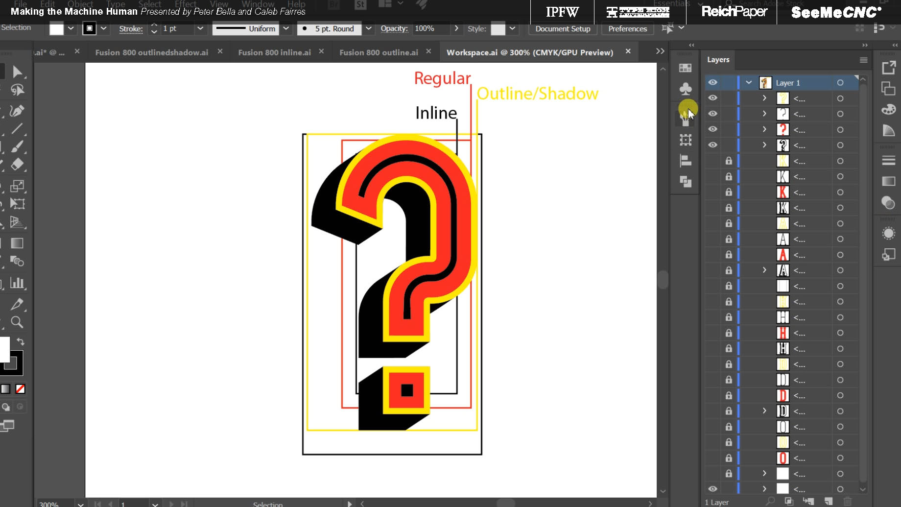Bounding boxes were made to easily scale the type to proper point sizes, and accurately scale the various fonts of each letter accordingly.