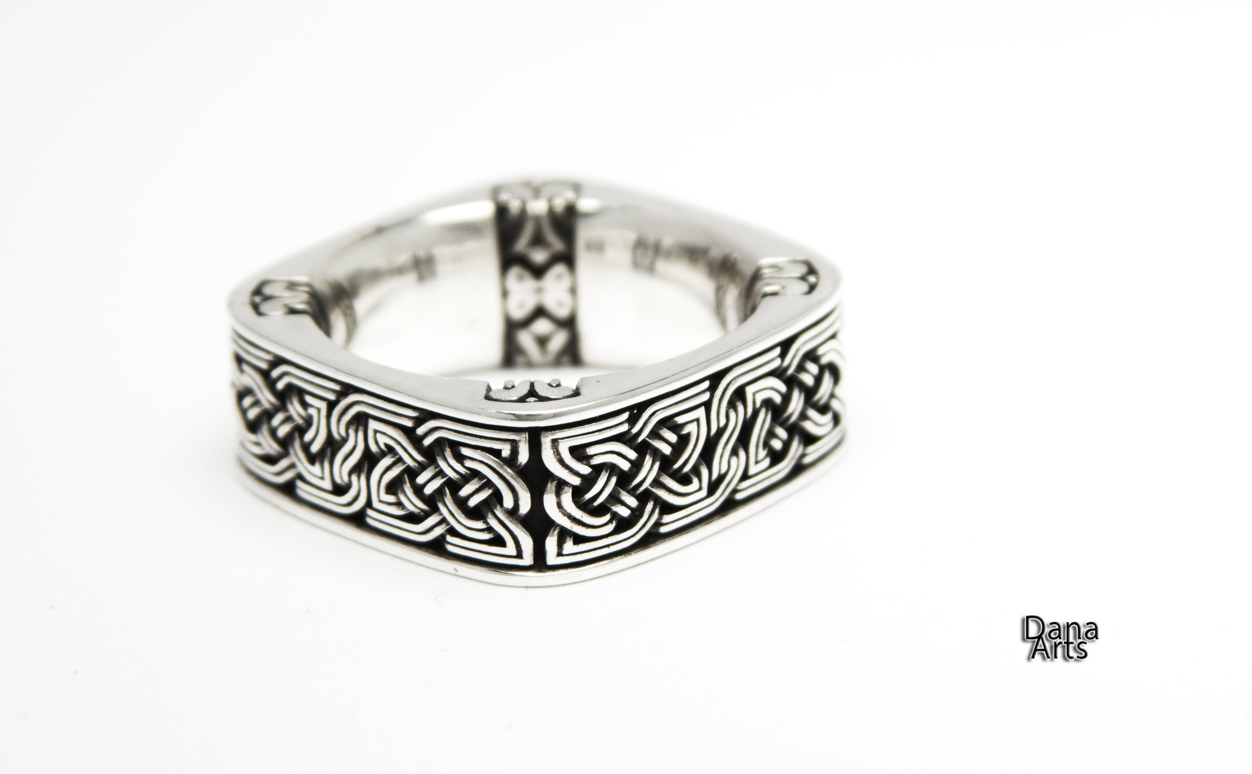 Square Celtic Knot ring with corner patterns in sterling silver — Dana Arts