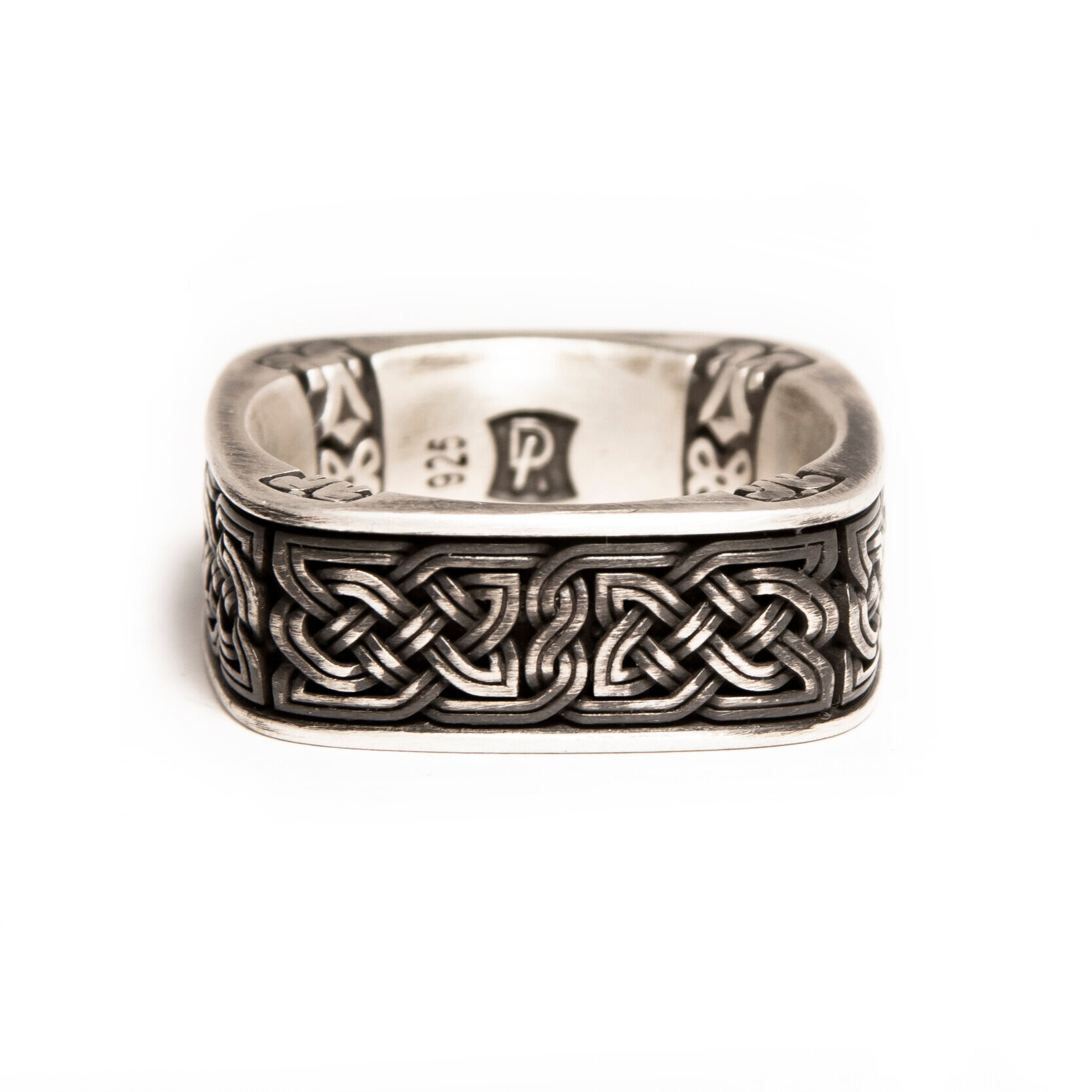 Square Celtic Knot ring with corner patterns in sterling silver — Dana Arts