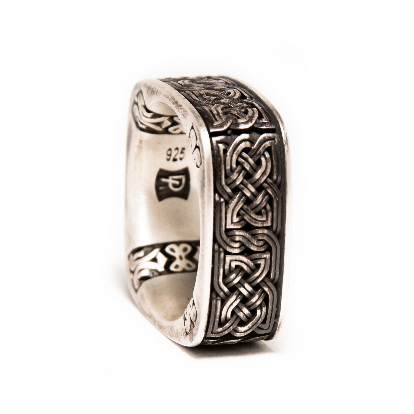 Square Celtic Knot ring with corner patterns in sterling silver — Dana Arts