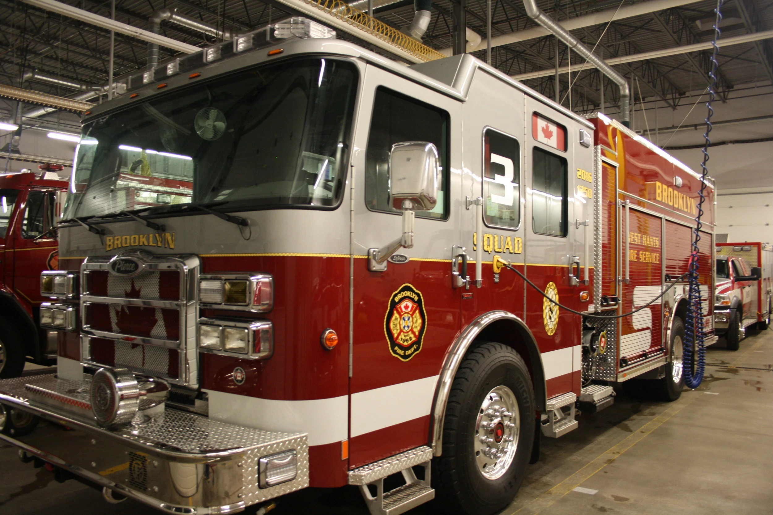 Squad Three is a 2016 Pierce enforcer puc rescue pumper. It has a 1250 GPM and it carries 500 gallons of water and it also has tak four suspension.