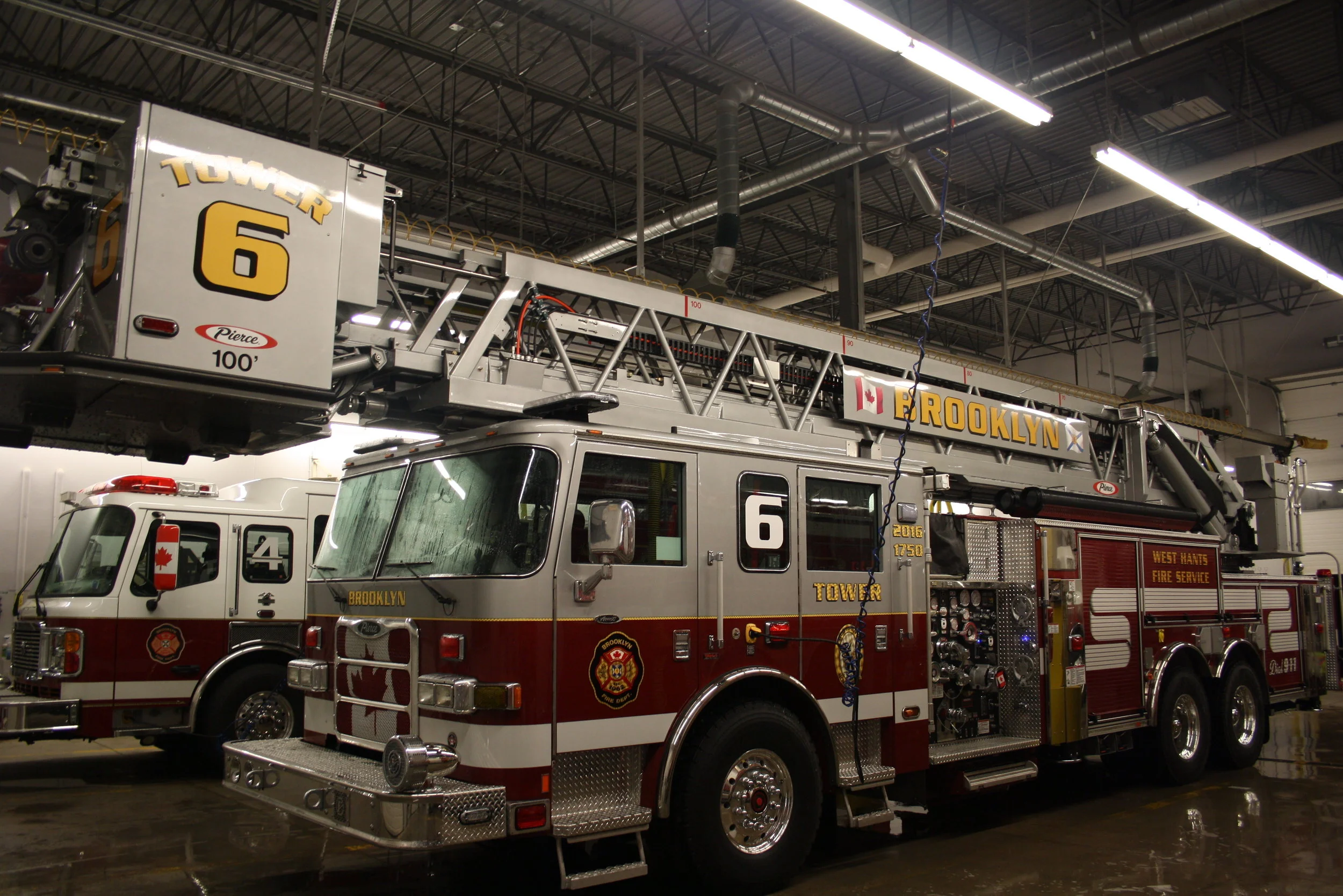 Tower Six is a 2016 Pierce 100' Aerial. It has a 1750 GPM Pump, and carries 300 gallons of water on board and also has Tak four suspension 