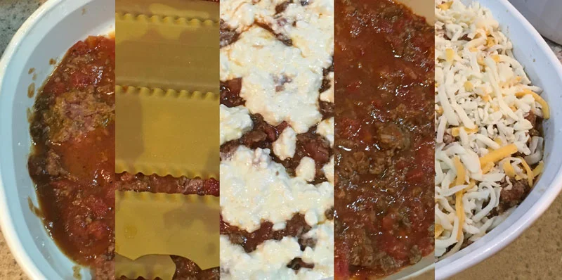 Layer your lasagna - additional water on the bottom layer only!