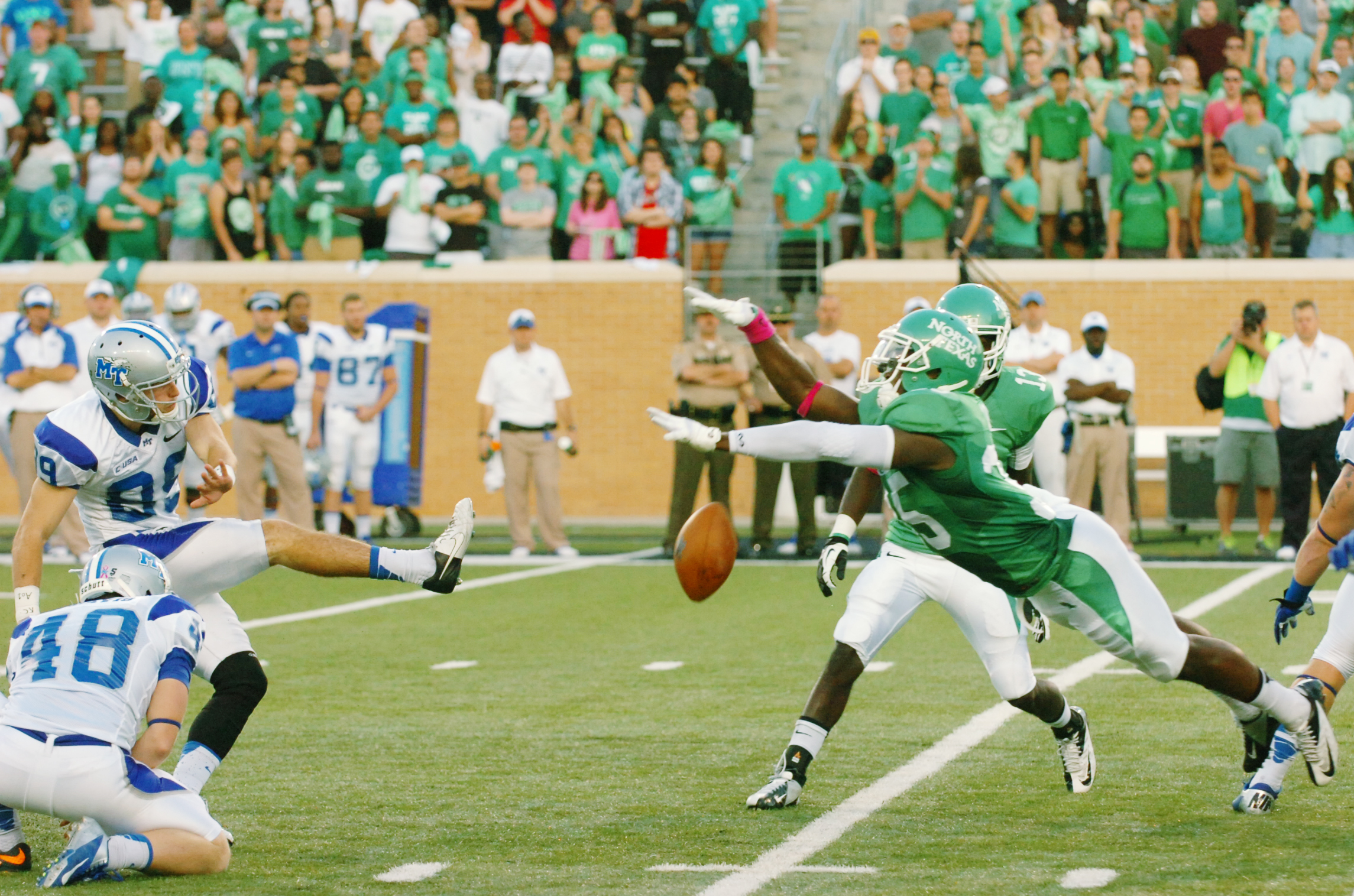 University of North Texas senior linebacker Zach Orr (35) blocks a field goal kick by Middle Tennessee freshman kicker Cody Clark (89), Saturday, October 12, 2013, at Apogee Stadium in Denton, TX. 