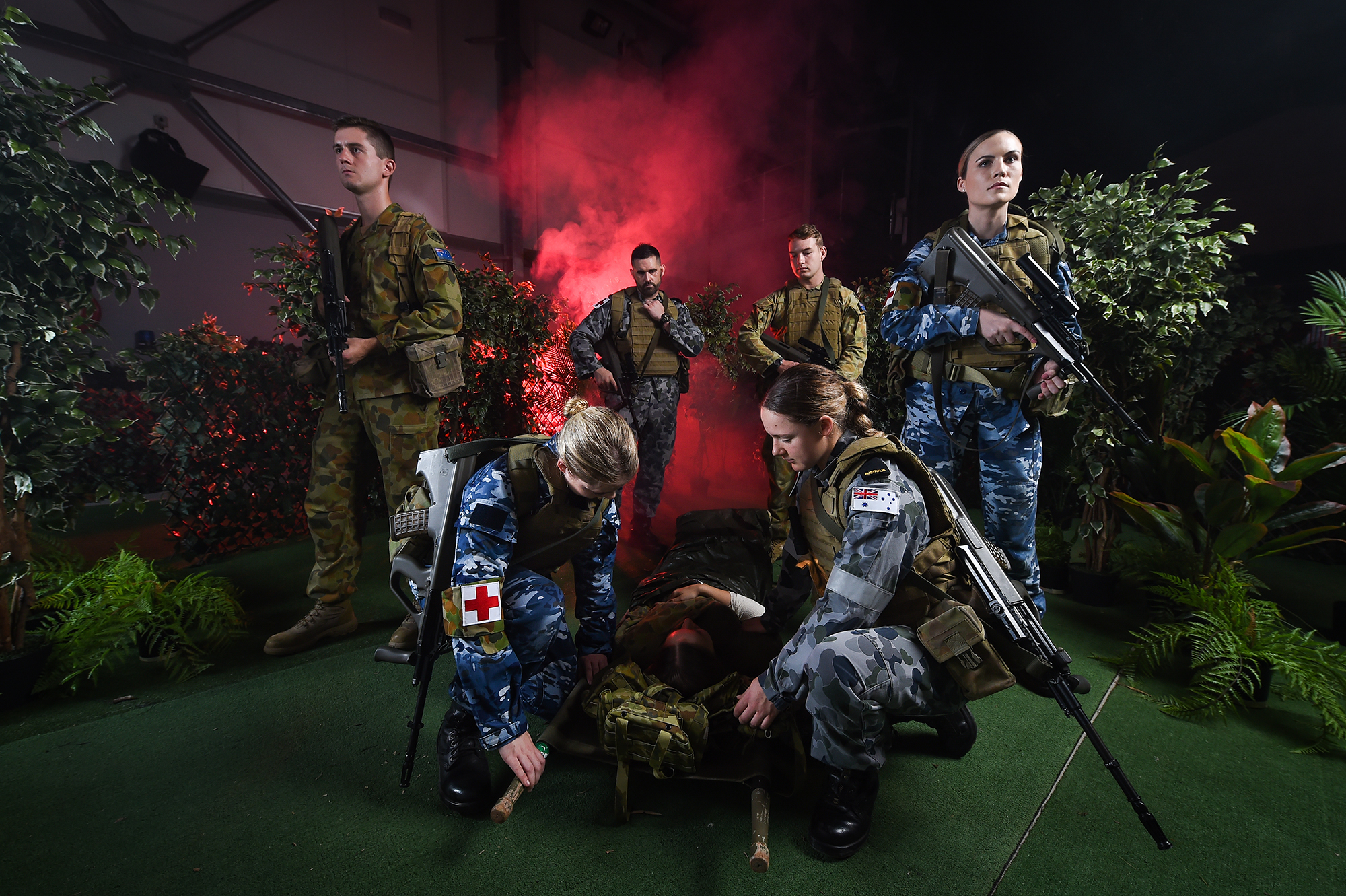 (Photo Mark Jesser) Bandiana.
Anzac Day picture. Latchford Barracks inside the Environmental simulation training facility, with soldiers from the Army School of Health. PICTURED: BACK: Seaman Padraic Shanahan (navy), Private Jack Bowen (army)
FRONT: Lieutenant Benjamin Rainsford (army),
Aircraftwoman Jade Hutson (Air Force), Private Elyse Goodwin (Army), Seaman Brooke Taylor (Navy) and Leading aircraftwoman Aimee Lewis (Airforce)