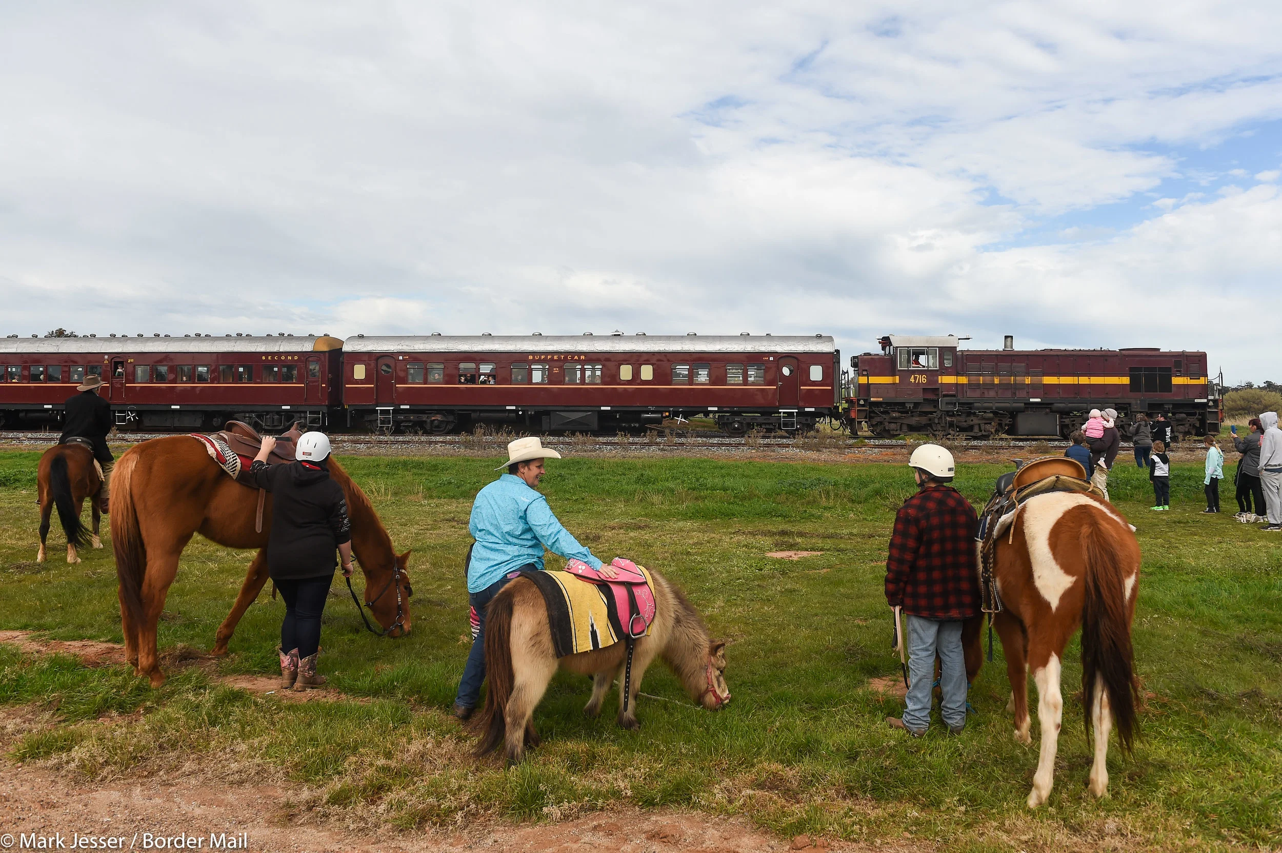 (Photo Mark Jesser) Boree Creek.
Riverina Spirit for Tim Fischer ran by Lachlan Valley Railway, fundraiser for the Albury Wodonga Regional Cancer Centre Trust. - The train arrives to locals on horse back at Milbrulong