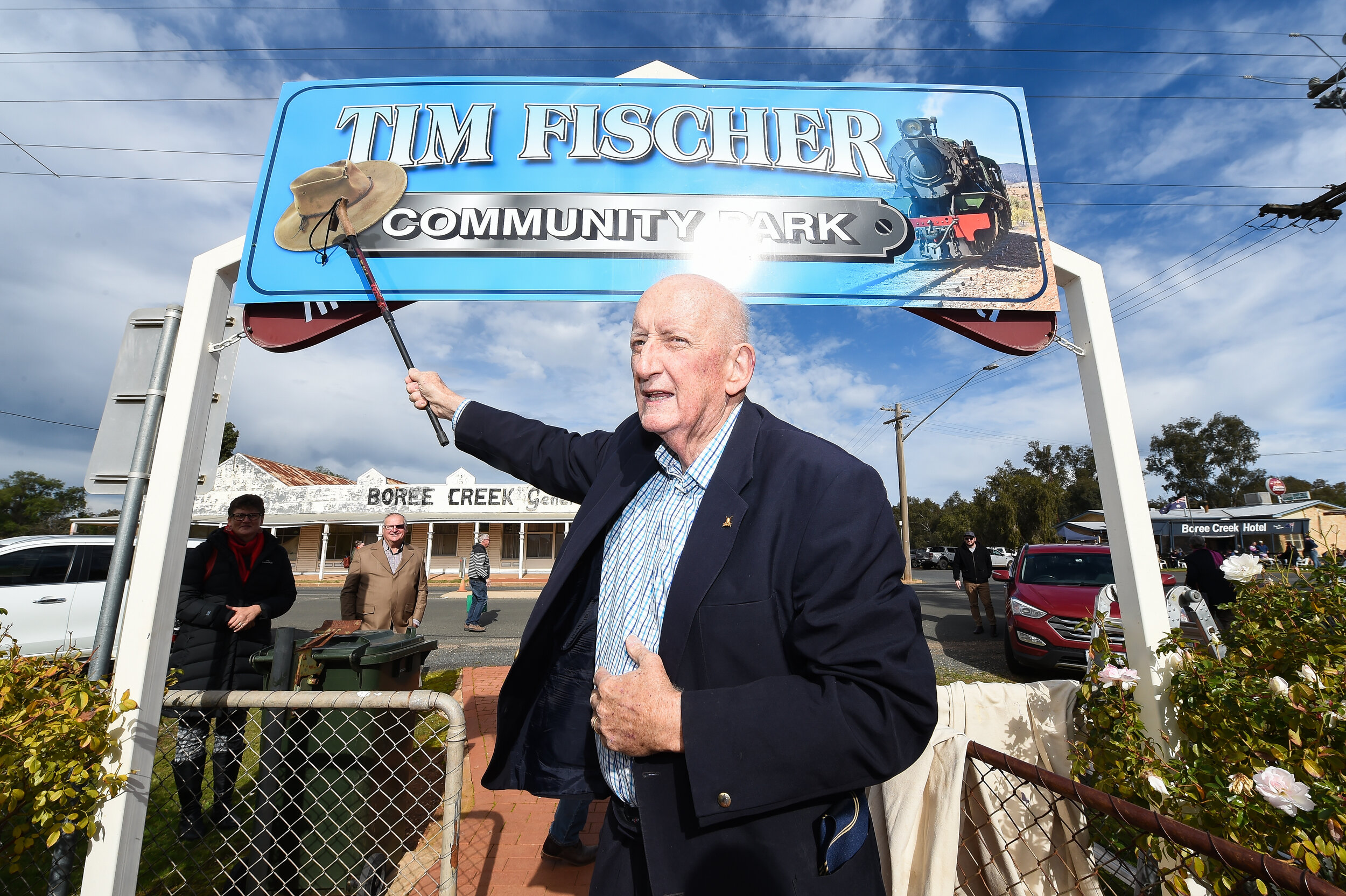  (Photo Mark Jesser) Boree Creek.
Riverina Spirit for Tim Fischer ran by Lachlan Valley Railway, fundraiser for the Albury Wodonga Regional Cancer Centre Trust. - Tim with the Tim Fischer Community Park, the park was named after him today in a surpri