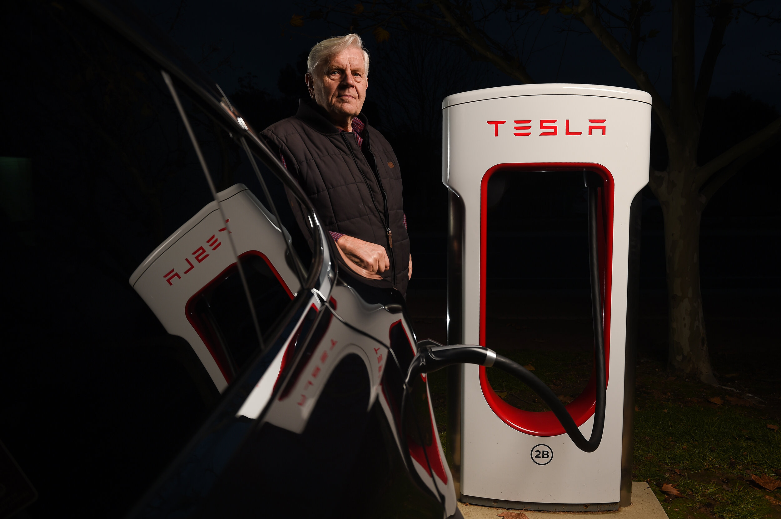  (Photo Mark Jesser) Wodonga.
Albury's Klaus Wolki with his Model X Tesla. Weekender on electric cars in the country. Charging at Wodonga Supercharger. 