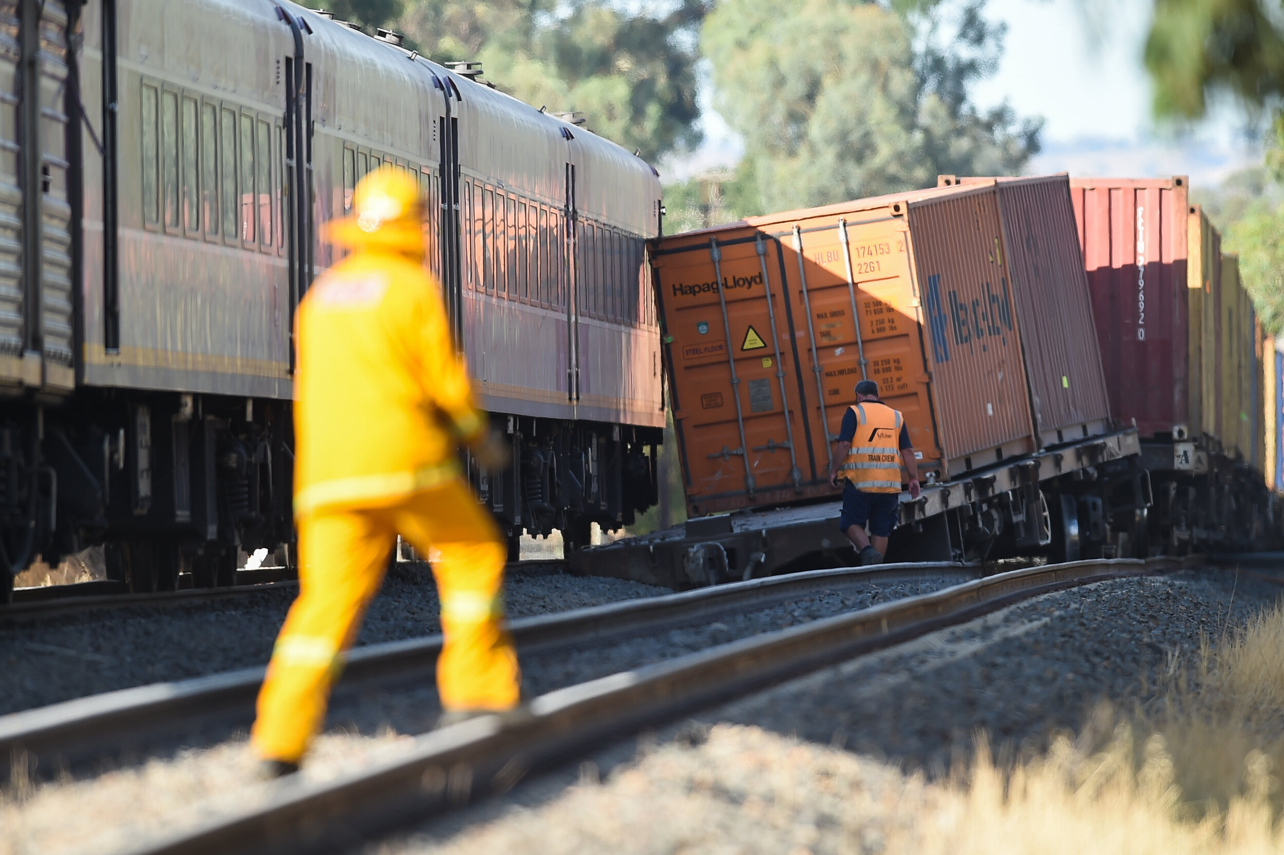  (Photo Mark Jesser) Barnawartha. 
Vline passenger train and freight train collide at Barnawartha. South of the township. Freight train travelling north, passenger train travelling south. --- containers from the freight train hit the side of the vlin