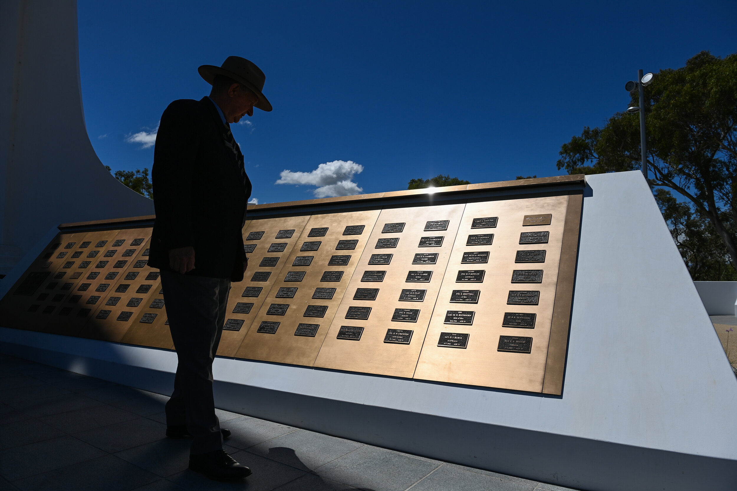  (Photo Mark Jesser) Albury. 
Monument Hill. The redeveloped of the Albury War Memorial officially opened today. -- RSL President Graham Docksey walks past the plaques 
