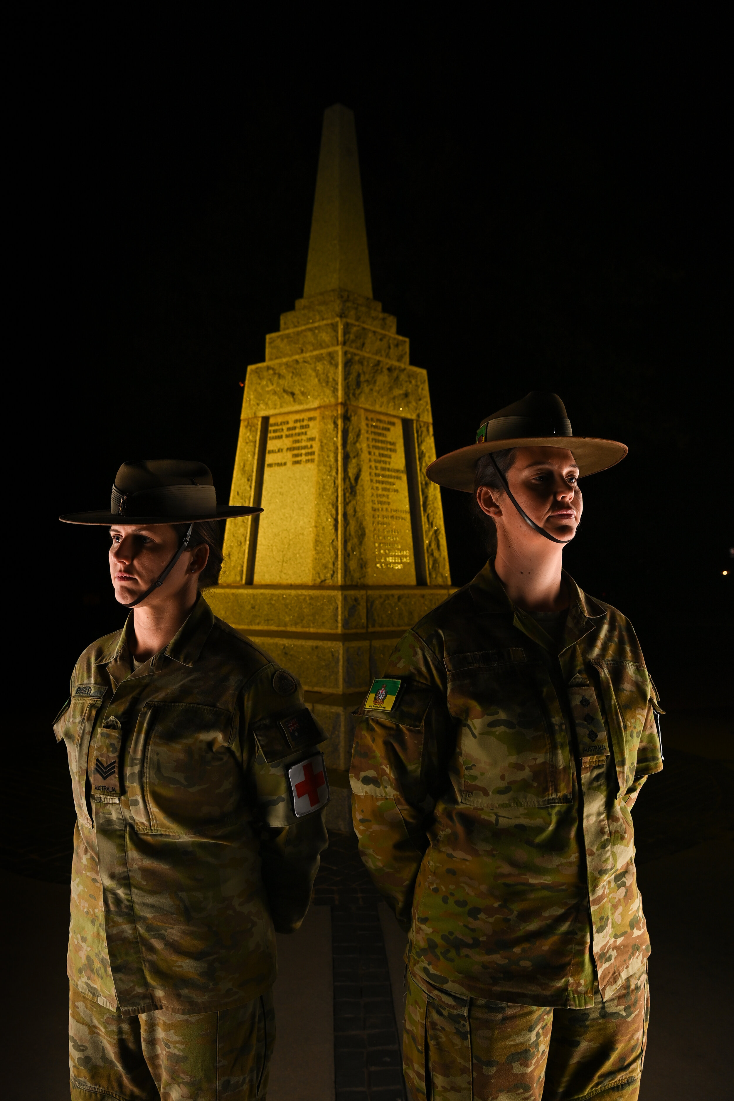  (Photo Mark Jesser) Wodonga. Annual Anzac Day image. Wodonga Cenotaph. Army personnel Sergeant (SGT) Nicola Emsley and Captain (CAPT) Jess Limmer who worked on Operation COVID-19 Assist this past year. Photographed ahead of Anzac Day. Wodonga is not