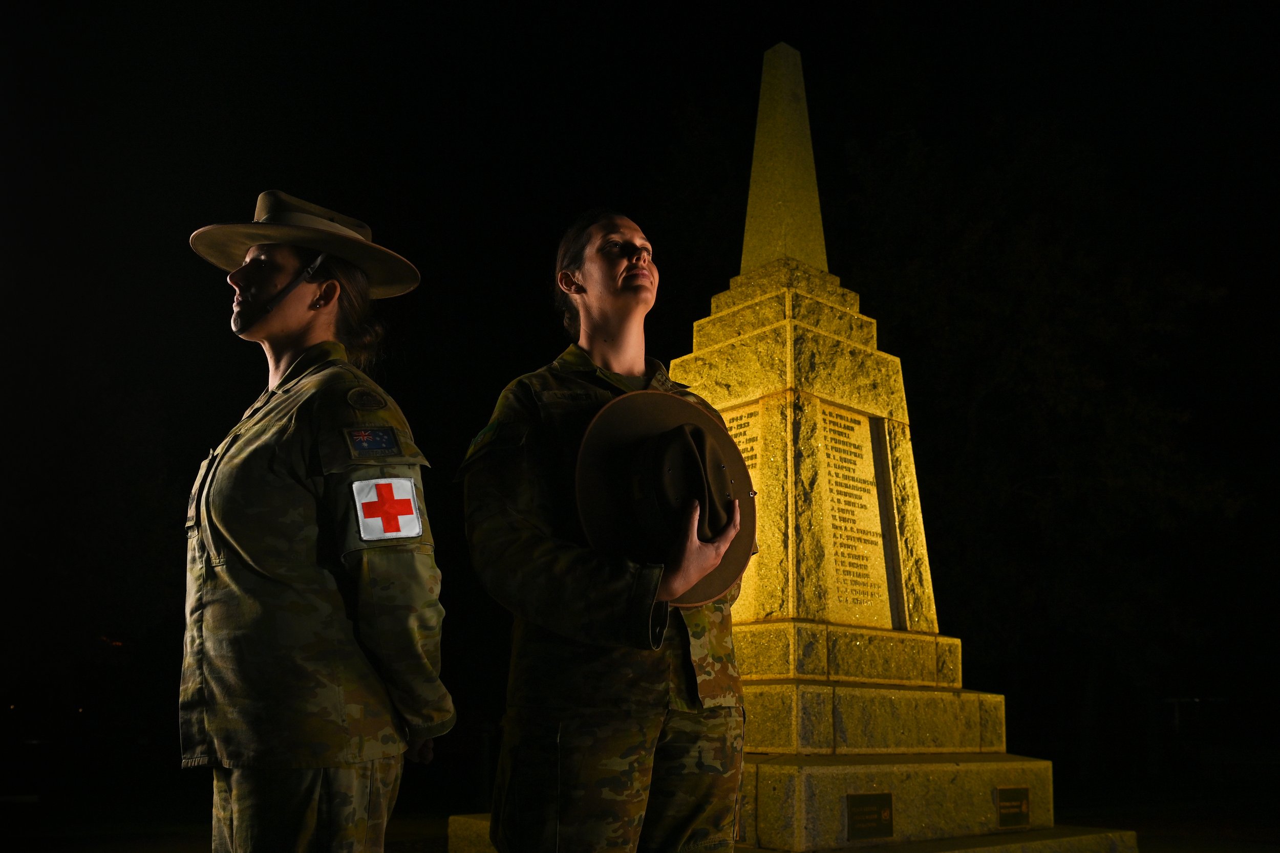  (Photo Mark Jesser) Wodonga. Annual Anzac Day image. Wodonga Cenotaph. Army personnel Sergeant (SGT) Nicola Emsley and Captain (CAPT) Jess Limmer who worked on Operation COVID-19 Assist this past year. Photographed ahead of Anzac Day. Wodonga is not