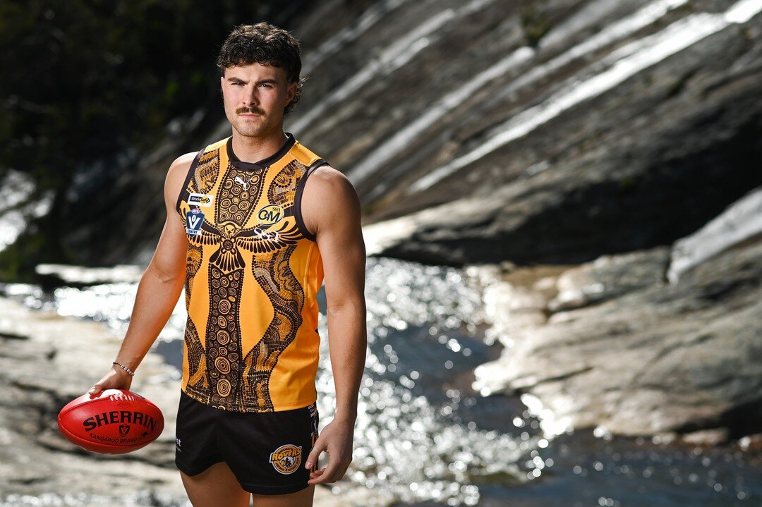 Trawlwoolway man Tristan Lenaz who plays for Wangaratta Rovers wears the club's Indigenous Round jumper with pride, ahead of today's game @bordermail