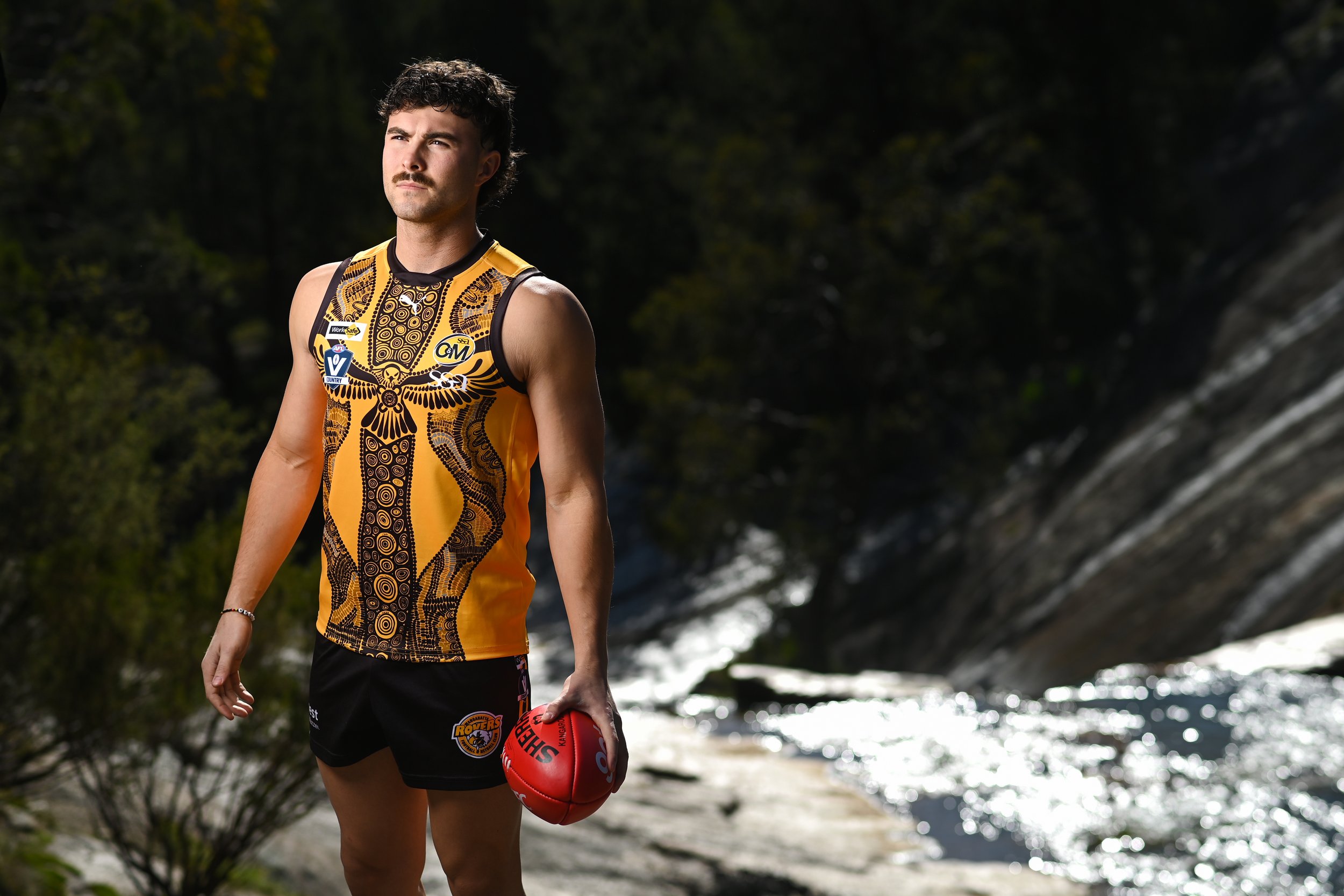  (Photo Mark Jesser) Beechworth. Ovens and Murray Football League's first Indigenous round this weekend. Wangaratta Rovers player and Trawlwoolway man Tristan Lenaz wears the clubs Indigenous jumper designed by Kija Bardi woman Kamilya White.This des