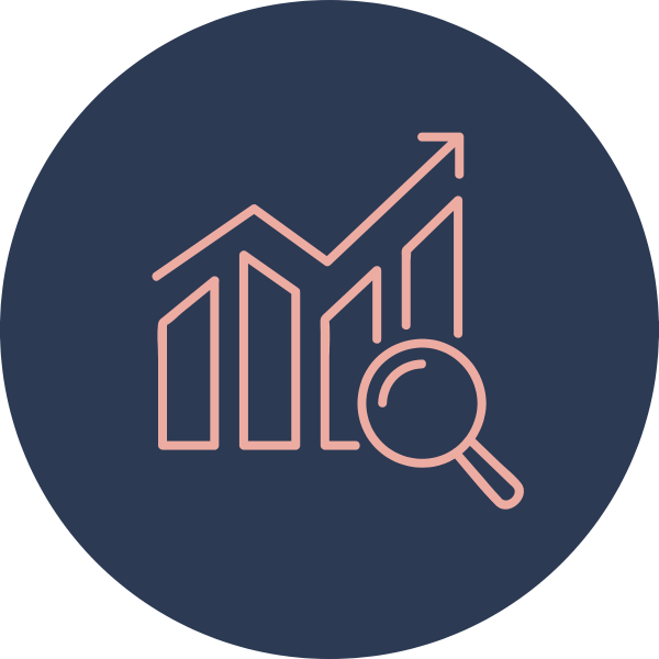 Line graph with ascending trend and a magnifying glass over the right side of the graph, representing analytics or data analysis.