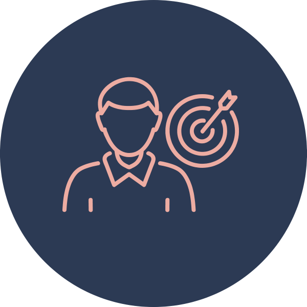 Outline of a person and a target with an arrow hitting the center, symbolizing goal setting or achievement.