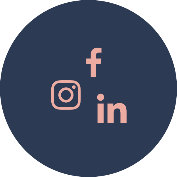 Icons of Facebook, Instagram, and LinkedIn on a dark circular background.