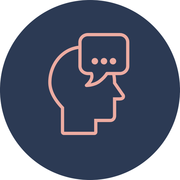 Outline of a human head with a speech bubble containing three dots above it, on a dark blue circular background.