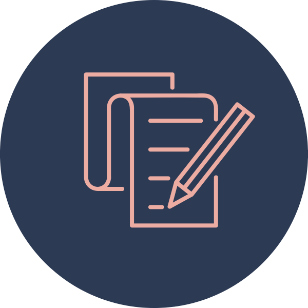 Line drawing of a notebook, a sheet of paper, and a pencil on a dark blue background.