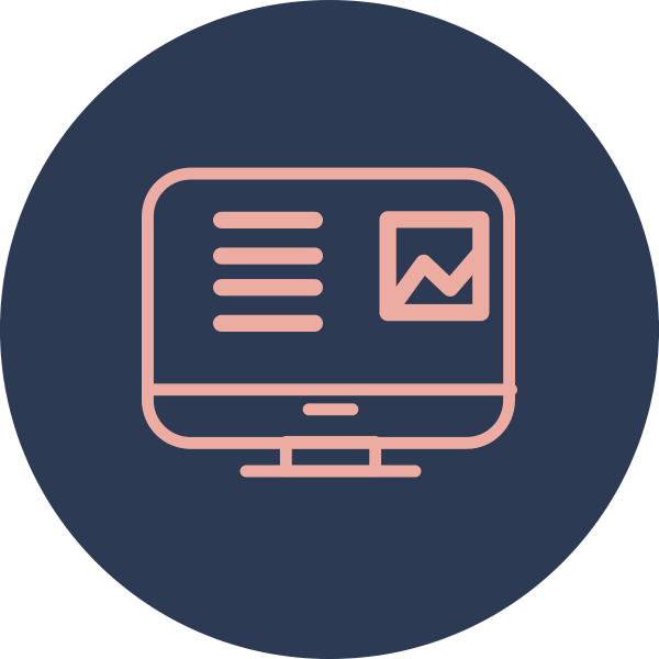 Icon of a computer monitor displaying a webpage with text and a line graph.
