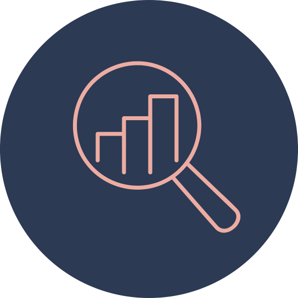 Line graph with three ascending bars viewed through a magnifying glass icon on a dark background.