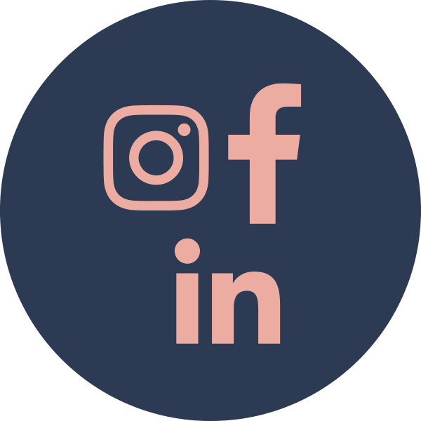 Social media icons for Instagram, Facebook, and LinkedIn on a dark blue circular background.
