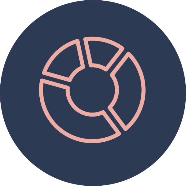 A pink donut chart on a dark blue circular background.