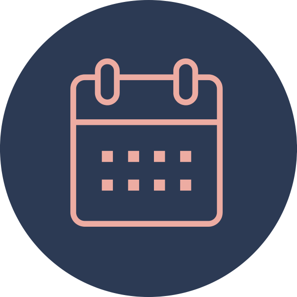 Icon of a calendar with pink outline on a dark blue circular background.