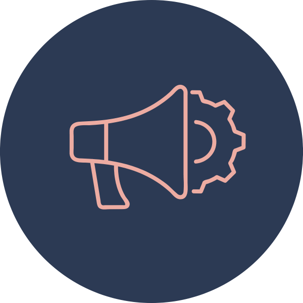 Neon-style icon of a loudspeaker or megaphone with a gear attached.