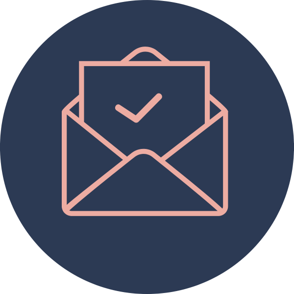 Outline icon of an open envelope with a document inside with a check mark on it, all on a dark circular background.