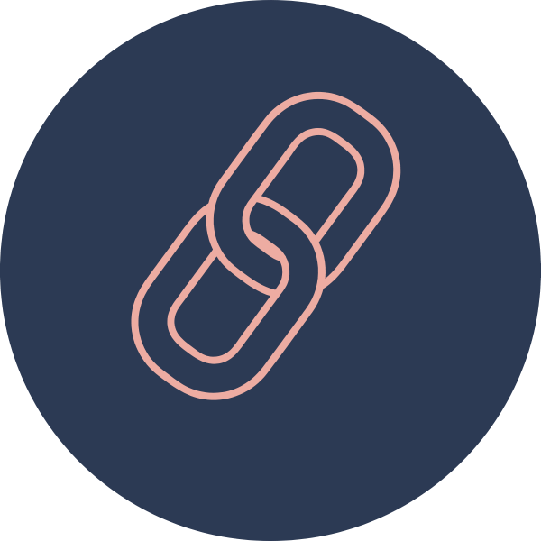 A minimalist icon of a chain link in pink on a dark blue circular background.