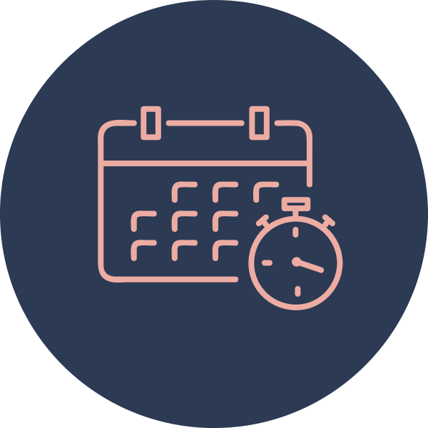 Outline icon of a calendar with a stopwatch, all in pink on a dark blue circular background.