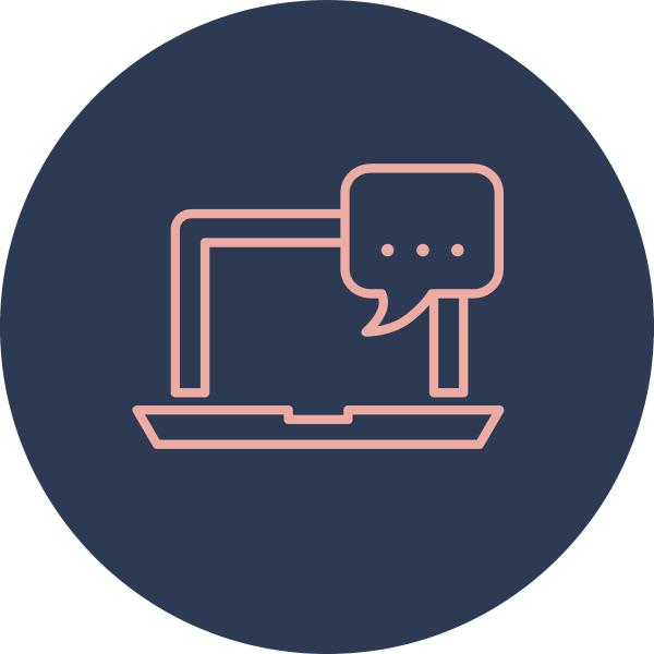 Icon of a chat bubble on a laptop screen, outline style with pink lines on a dark circular background.