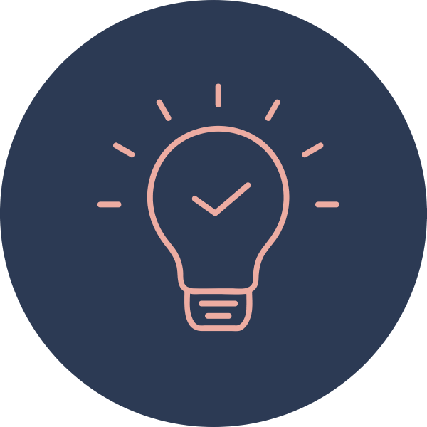 Dark blue circular background with a pink outline of a light bulb, with a check mark inside the bulb, symbolizing an idea or innovation.