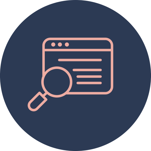 Icon of a web browser window with a magnifying glass in front of it, representing search or inspection.
