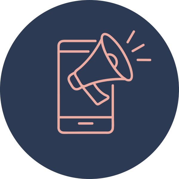 Outline of a smartphone with a megaphone coming out of it, signaling announcement or communication.