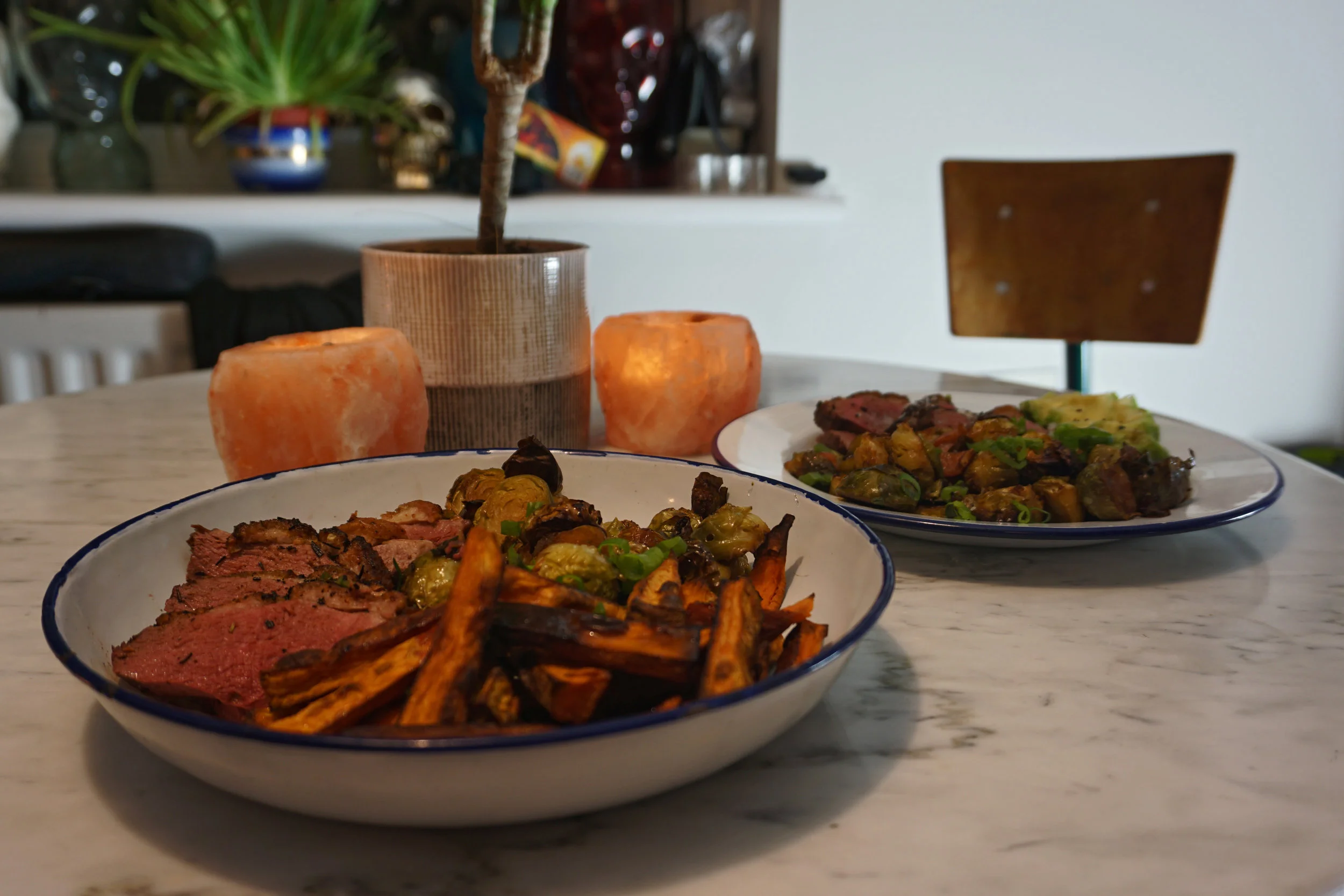 Rosemary Duck Breast, Bacon Brussels and Sweet Potato Fries