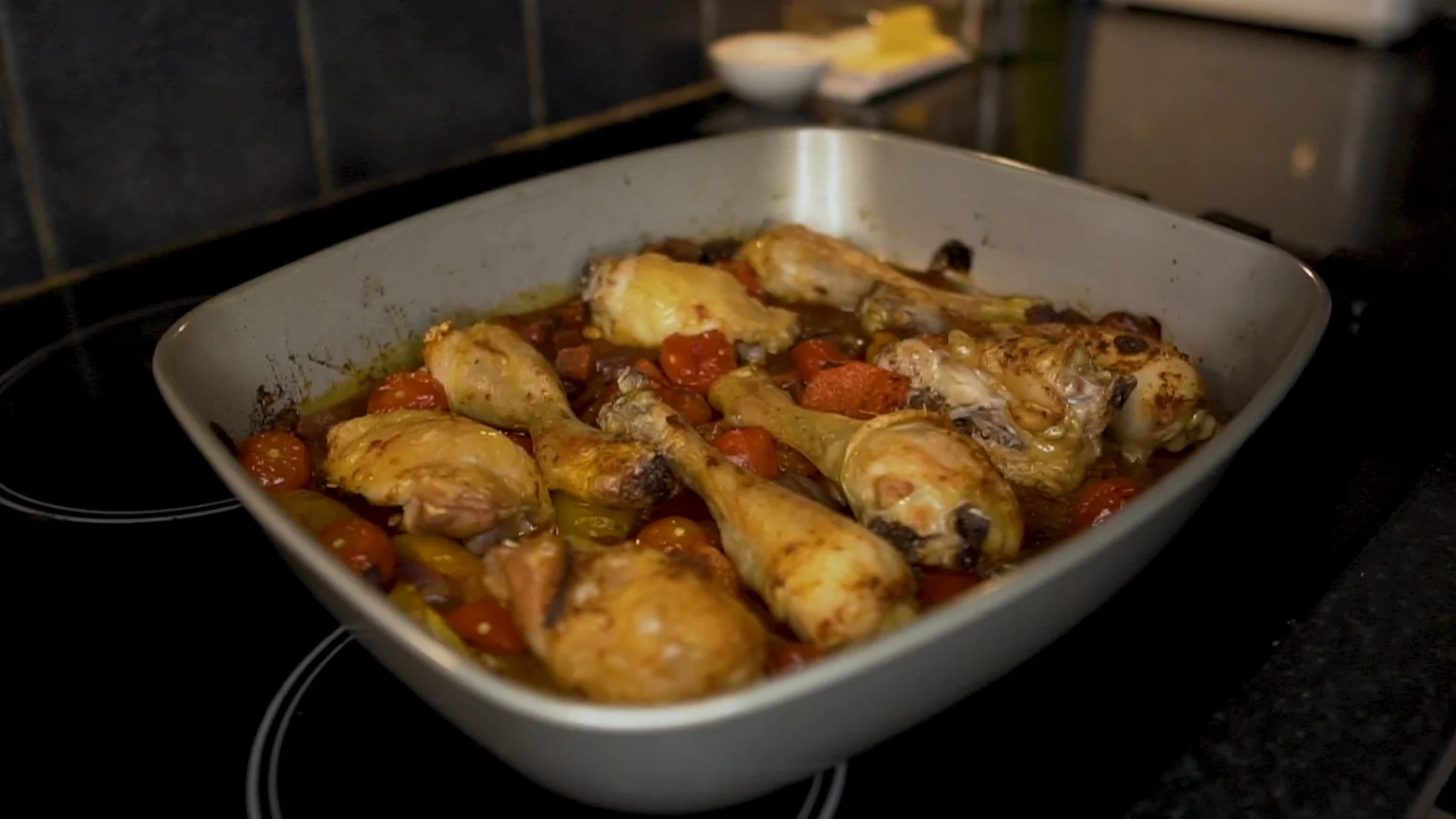 Smokey Roast Peppers &amp; Chicken Legs