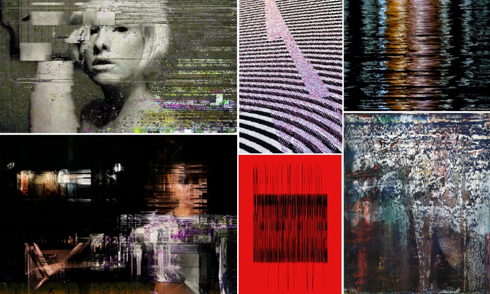 Glitch Art Inspires Textiles in this Moodboard by Tactile Trends Artists left to right: Glitch Artist Rosa Menkman | Multimedia Artist Philip Stearn of Glitch Textiles | Photographer Matt Veloudos | Glitch Artist Sabato Visconti | Artist Gerard Richter