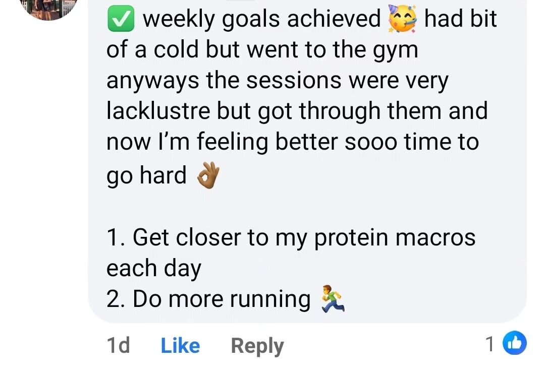 In our Current STRONG Body STRONG Mind Challenge we get our Challengers to set personal weekly goals and reflections of how they went in the previous week in addition to Weekly Team Targets

Our Week 2 TT
- 3 x Culture Classes 
- 1 x Daily Food Post 