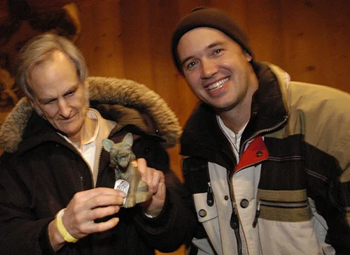Bruce Bickford and Brett Ingram with the Best Documentary "Sparky" trophy awarded to Monster Road at the 2004 Slamdance Film Festival in Park City, UT.