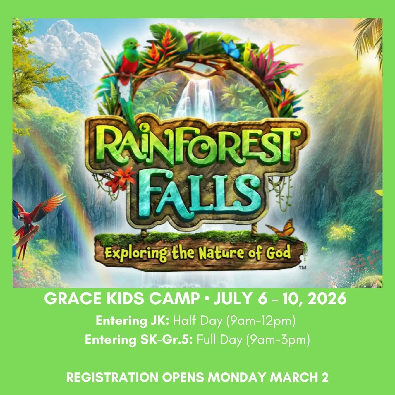 Save the Date! We can&rsquo;t wait for another great week of Grace Kids Camp this summer. Registration opens March 2 at 9am on our website. 🎉