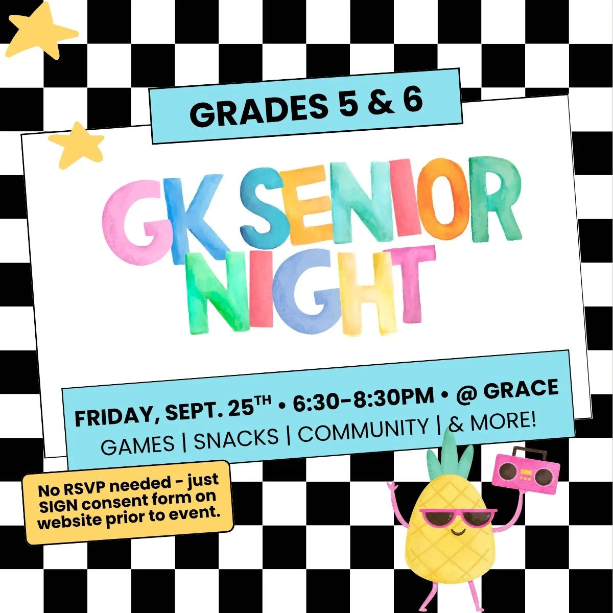 If your kid is in grade 5 or 6, then this event is for them! The countdown is on for our first GK Senior Night of the year and we promise they won't want to miss it. Just be sure to sign the consent form, found at the link in our bio. See you in one 