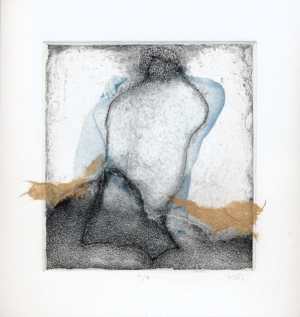 intaglio and chine colle over cyanotype photograph