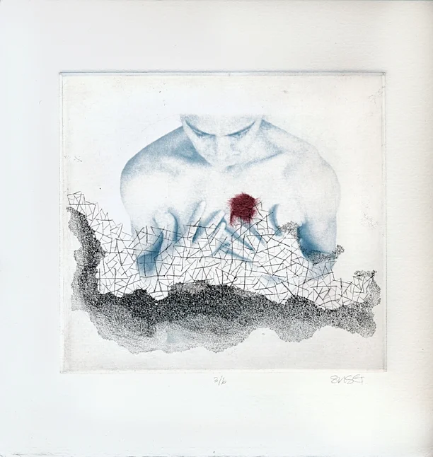 intaglio and chine colle over cyanotype photograph