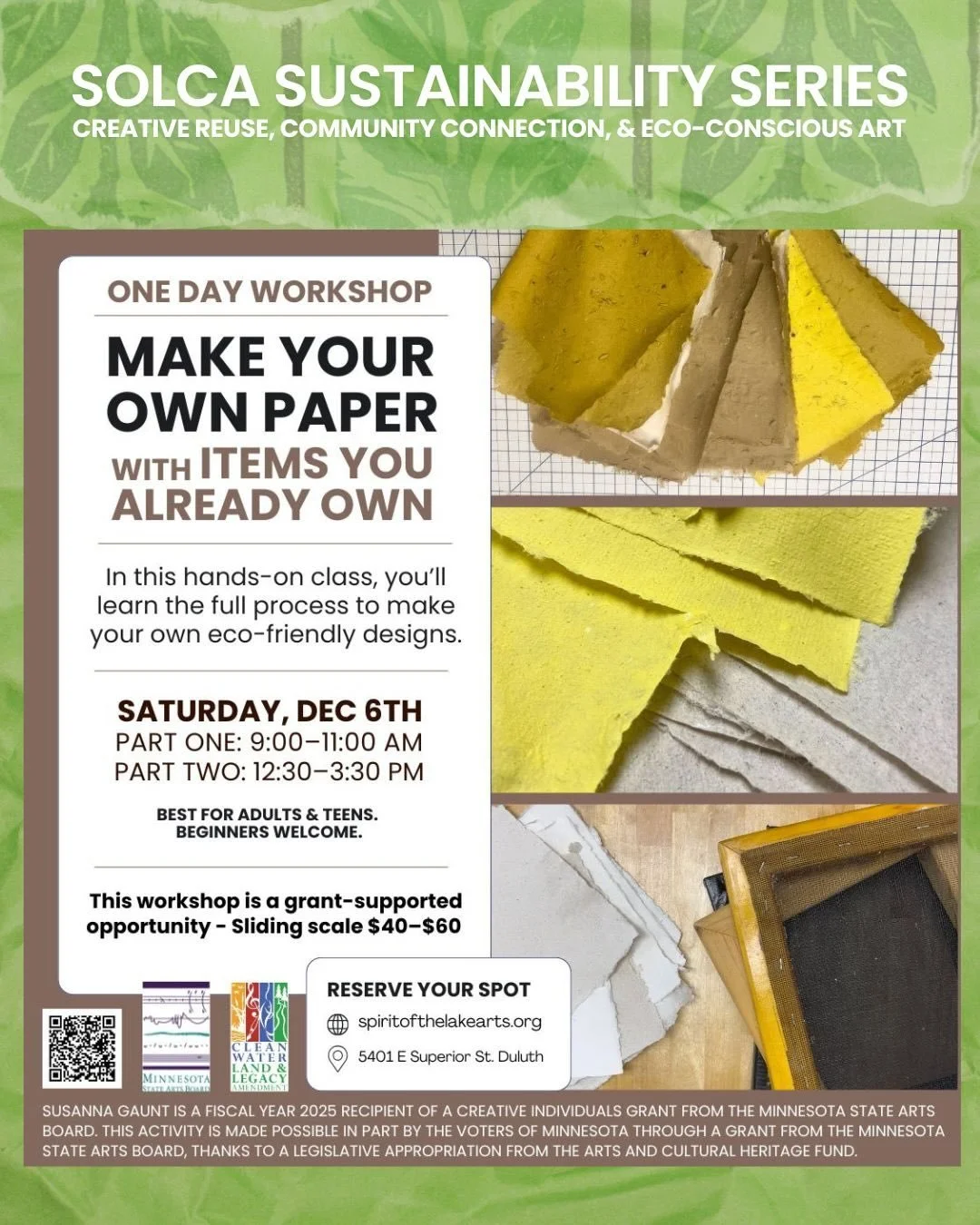 Just a few weeks to sign up for the Make Your Own Paper class @spiritofthelakearts. This course launches our Sustainability Series: classes that combine creativity and eco-conscious art making. 
Join us!
Saturday, December 6!