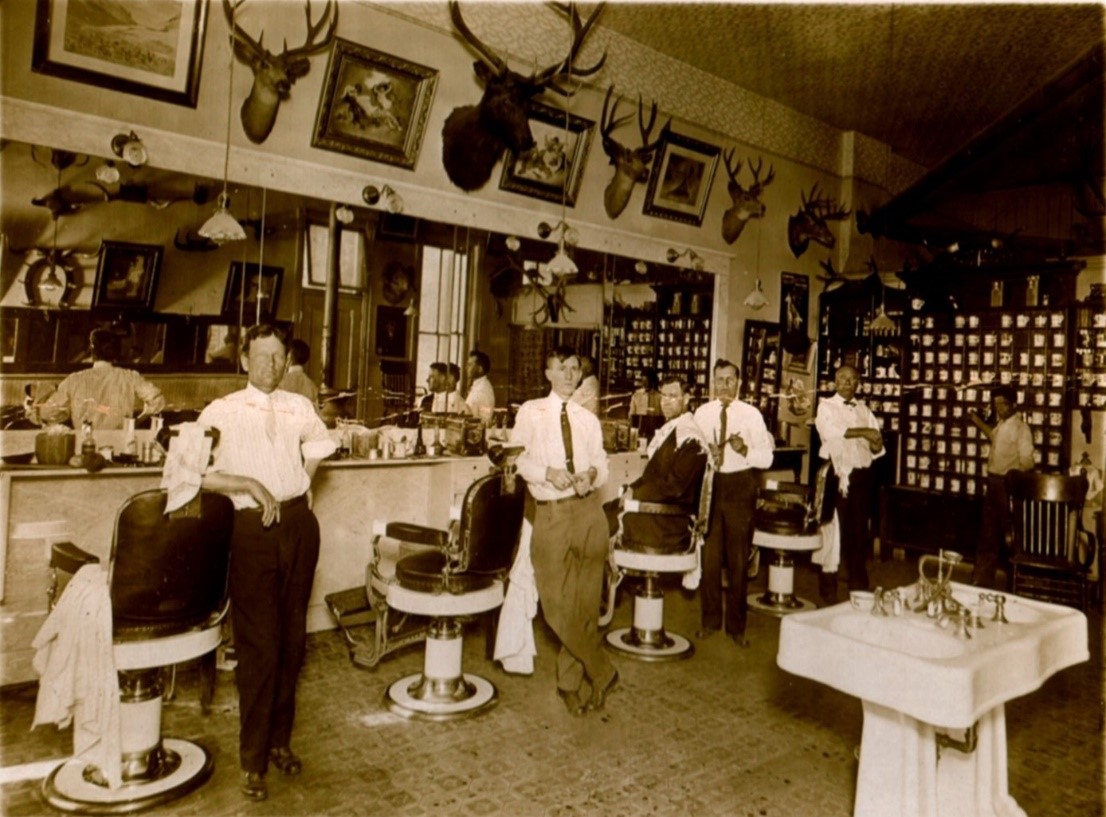Elkhorn Barbershop, c. 1914, Kit Campbell far right